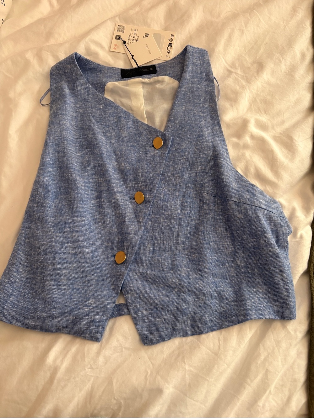 Zara Blue Sleeveless Asymmetrical Button Vest